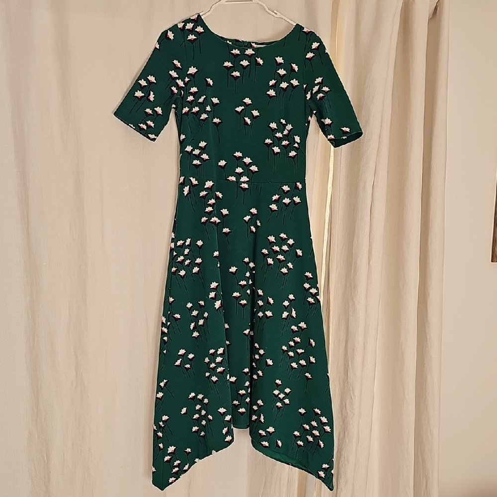 Boden Green Asymmetrical Dress with Floral Pattern